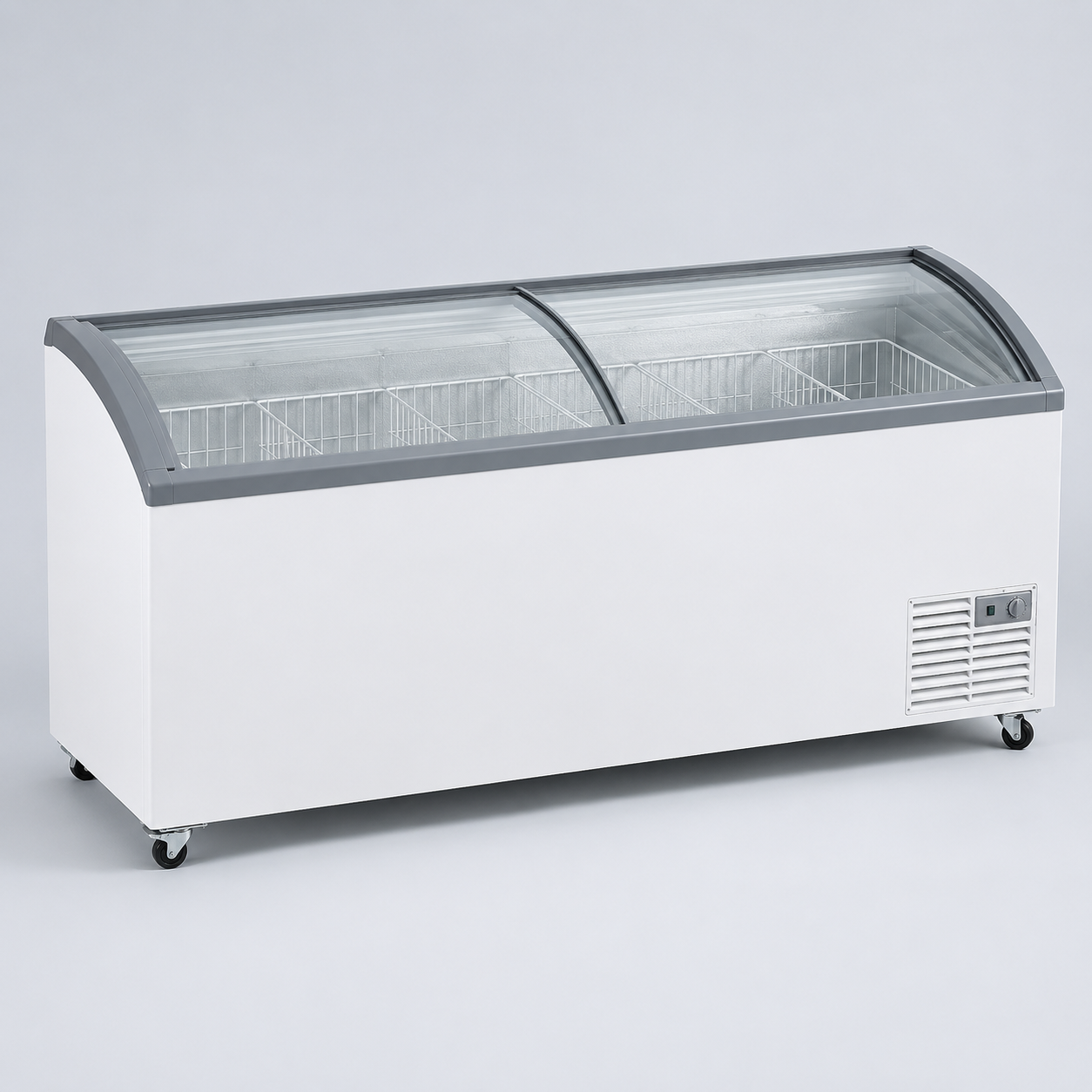 Commercial chest display freezer with curved sliding glass lids